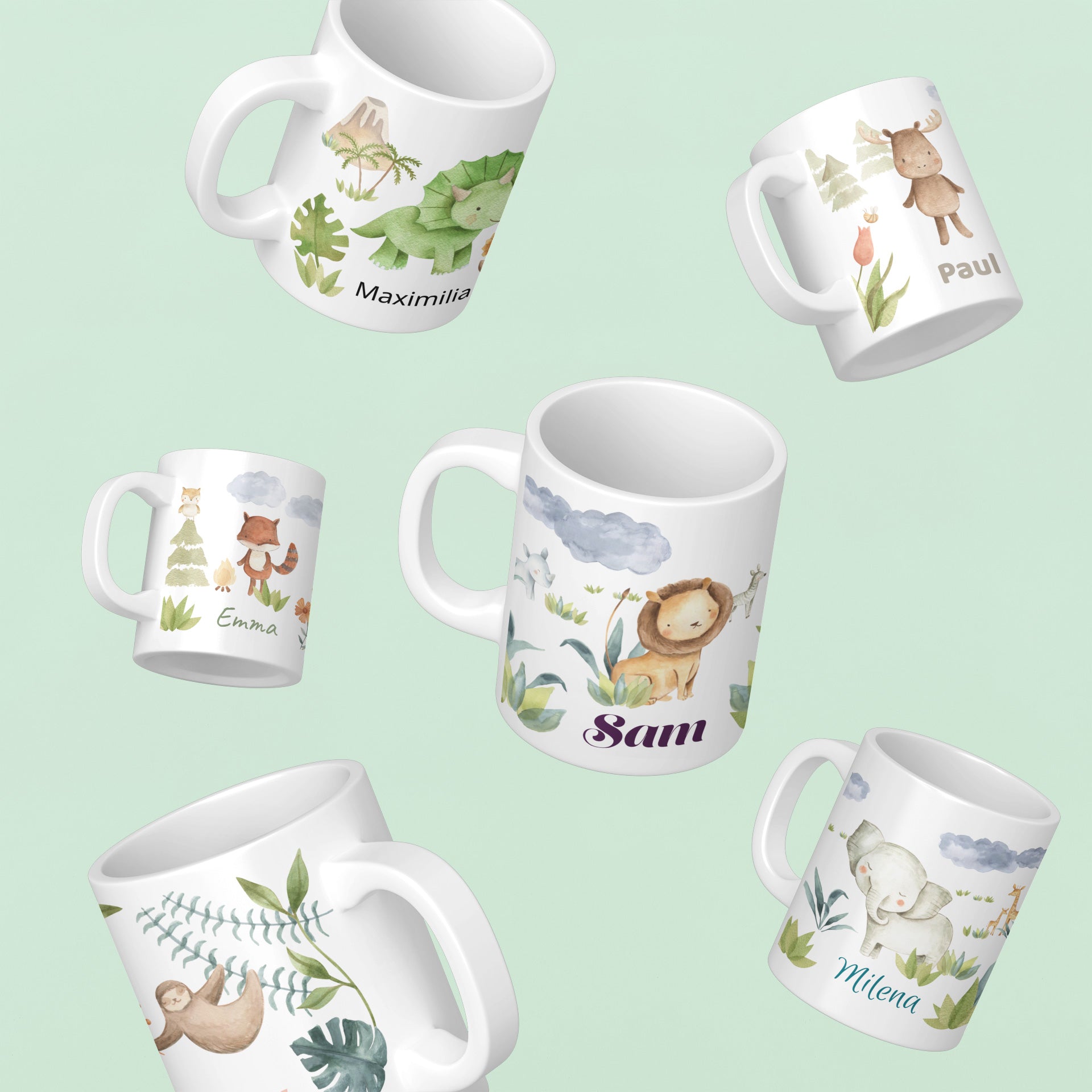 Personalisierte Kindertasse mit Namen – Aquarell Dschungel - kinder-druckerei.de