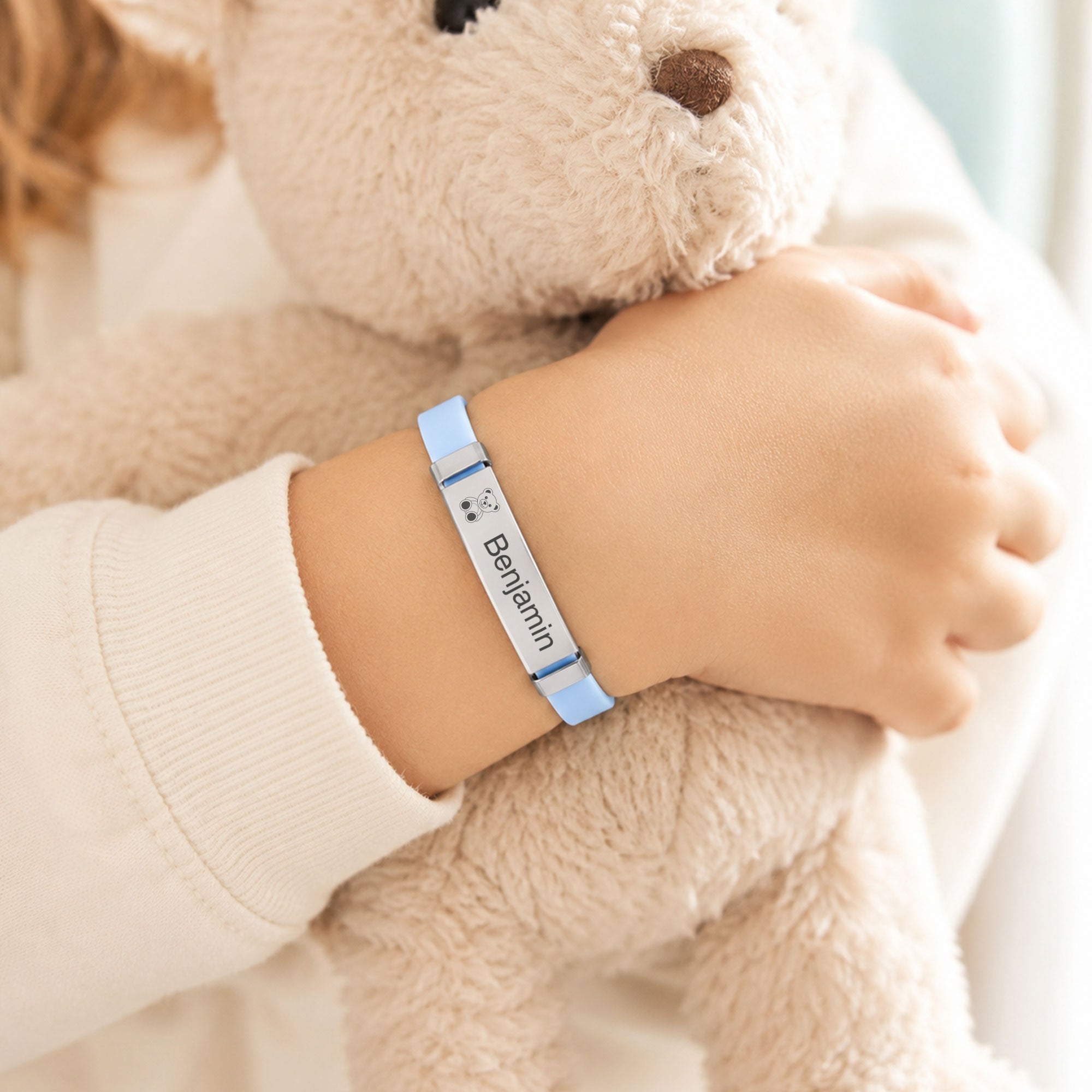SOS Armband Kinder - Kinderarmband aus Silikon und Edelstahl mit Gravur in 3 Farben