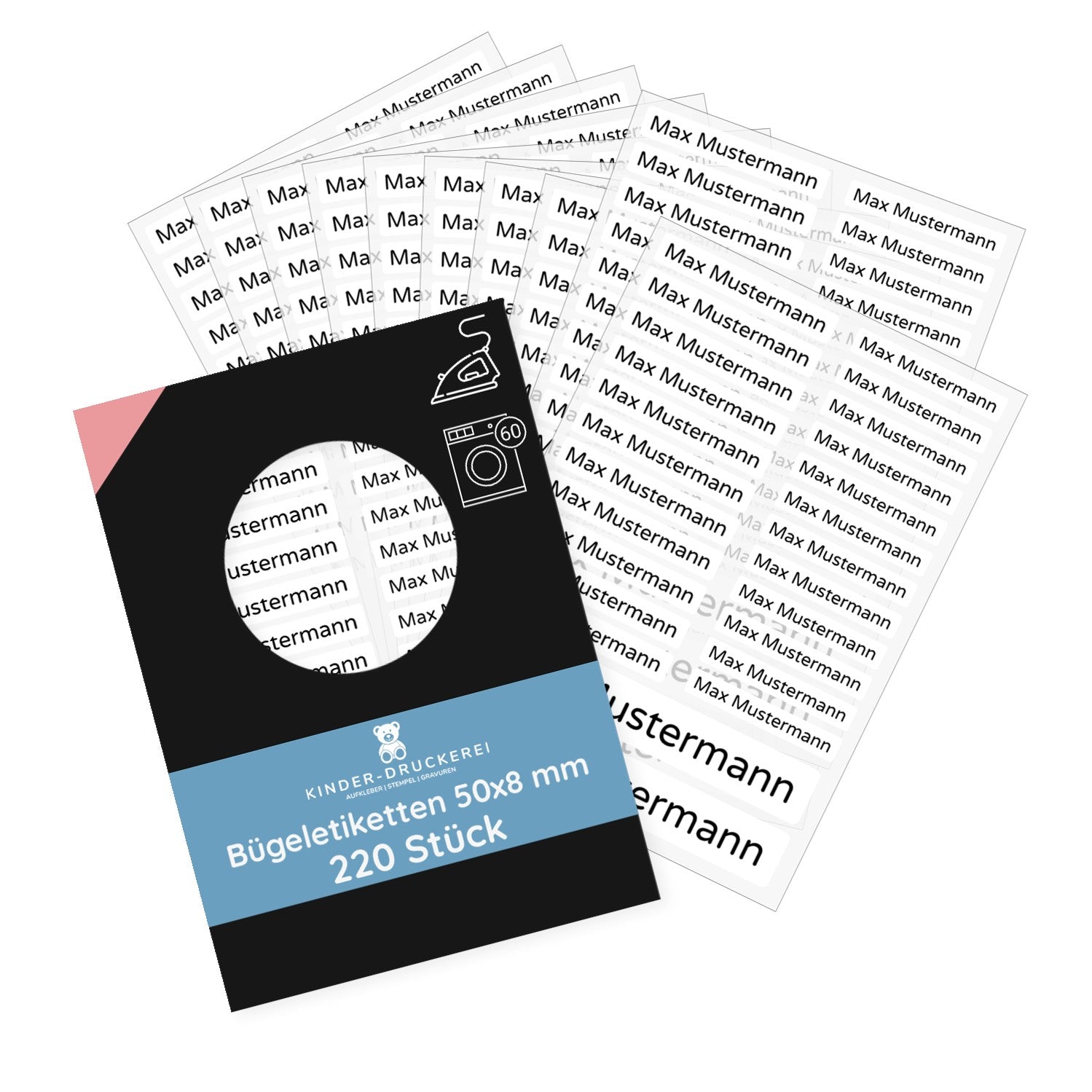 Bügeletiketten mit Namen (50x8 mm 220 Stück zum Aufbügeln) - kinder-druckerei.de