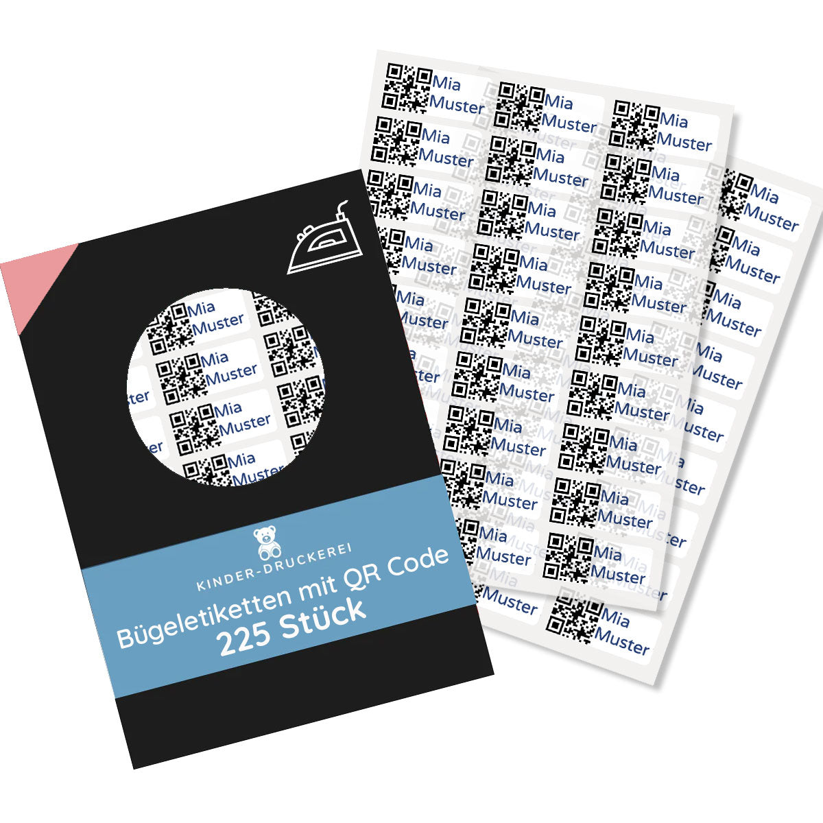225 Stück Bügeletiketten mit QR Code 30x13 mm - kinder-druckerei.de