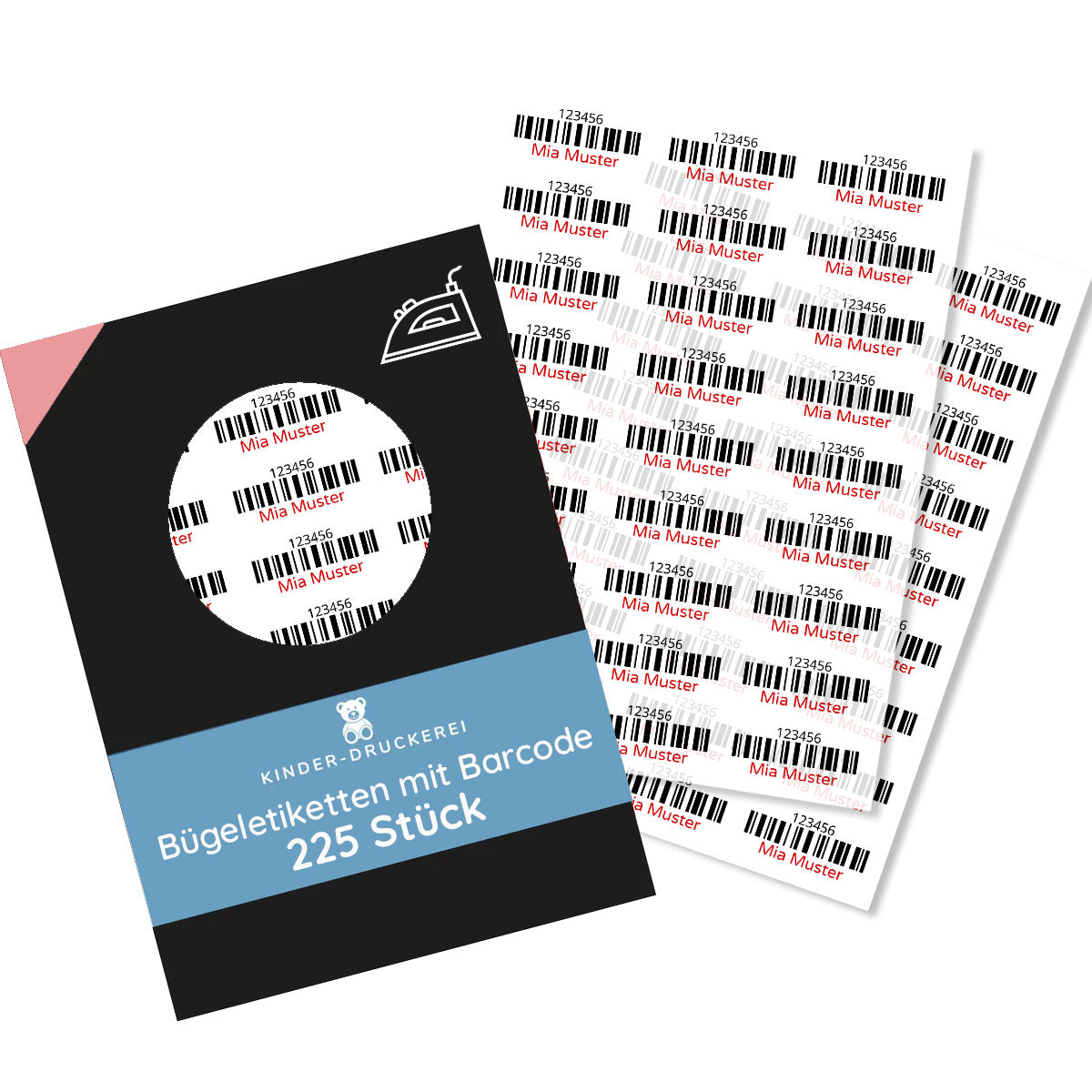225 Stück Bügeletiketten mit Barcode 30x13 mm - kinder-druckerei.de