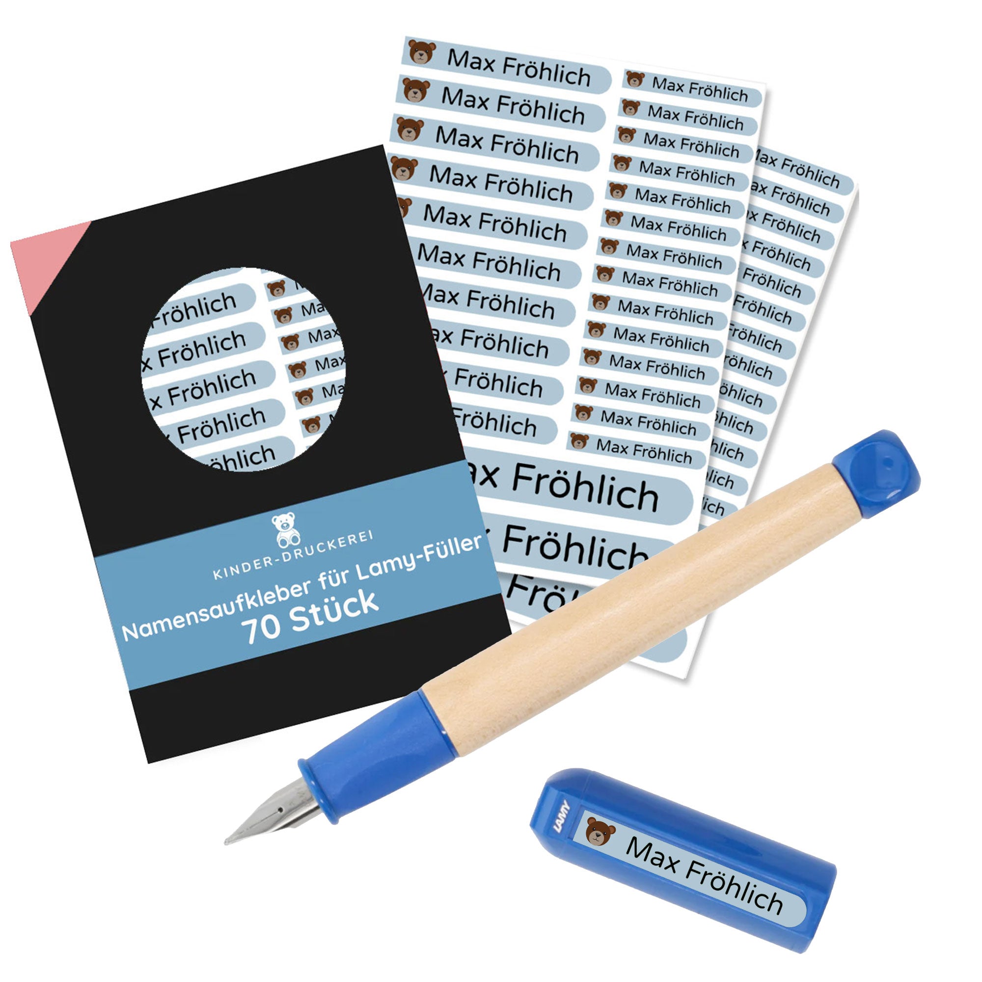 Personalisierter Lamy Schreiblern-Füller Blau & 70 Namensaufkleber - kinder-druckerei.de
