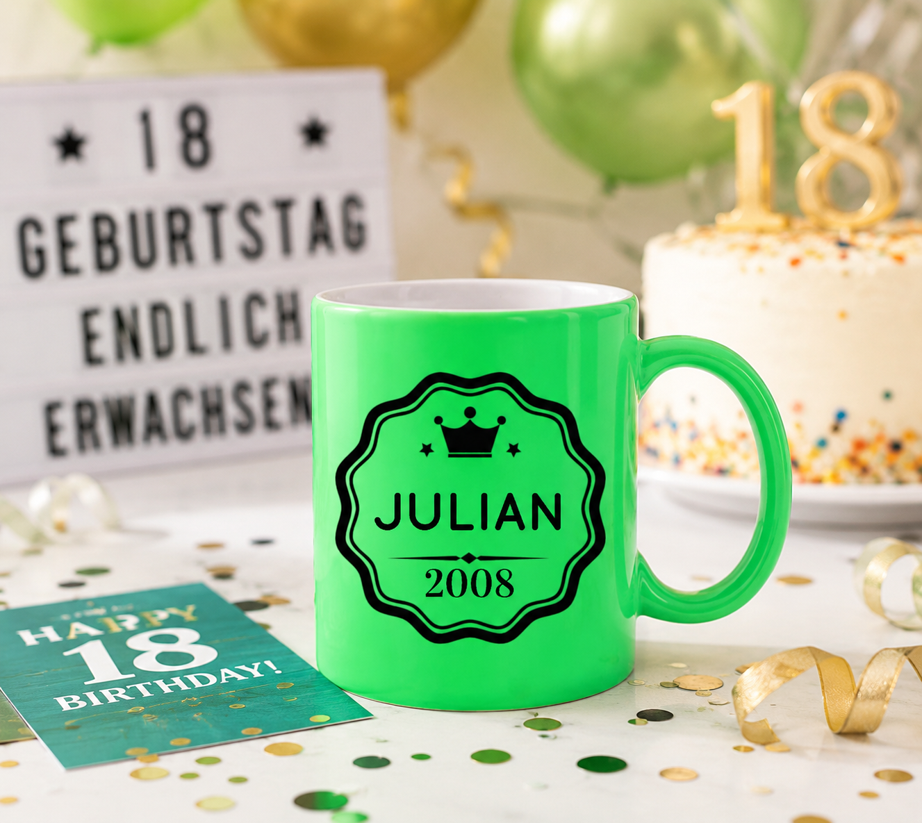 Keramiktasse Neon mit individuellem Schwarzdruck