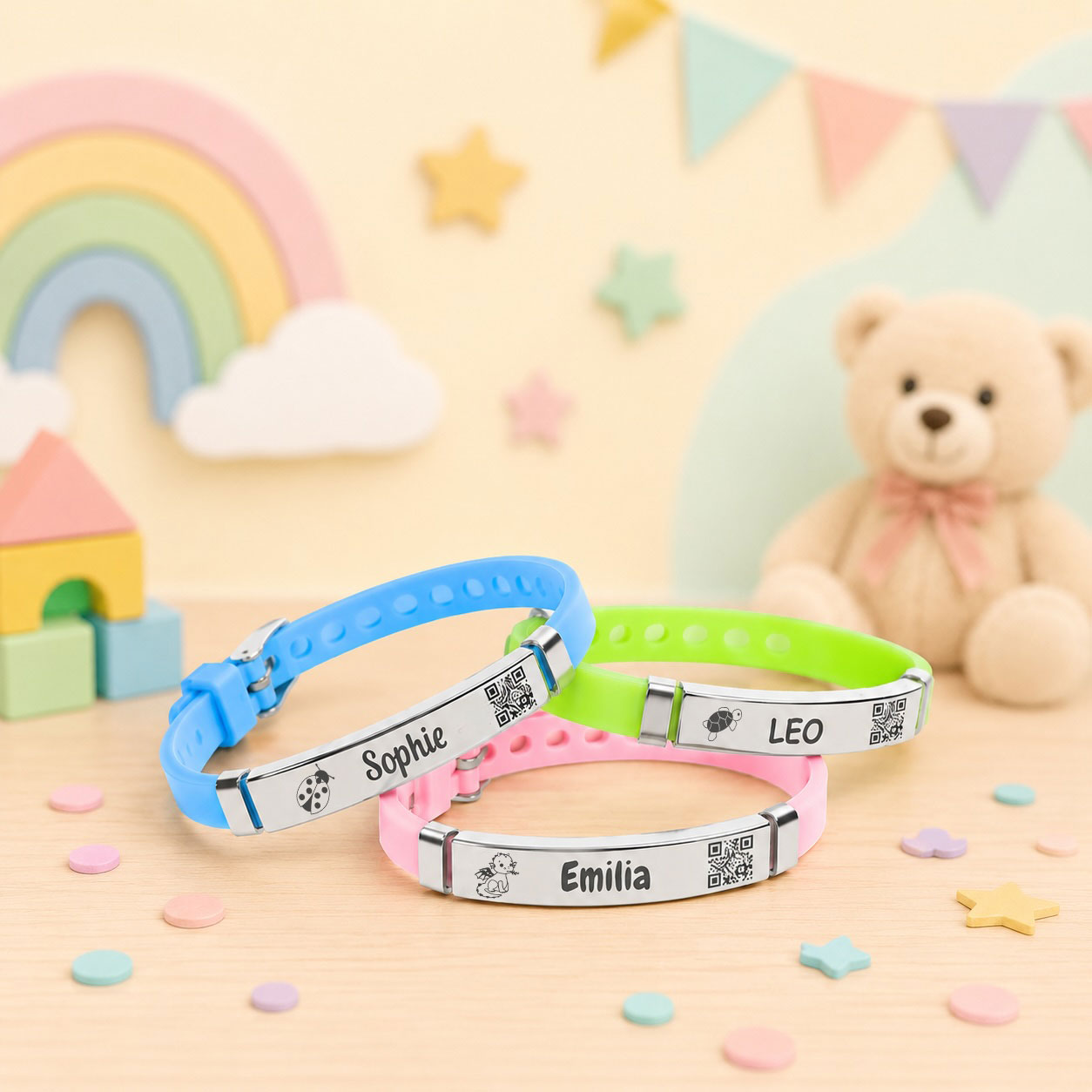 SOS Armband Kinder - Kinderarmband aus Silikon und Edelstahl mit Gravur in 3 Farben