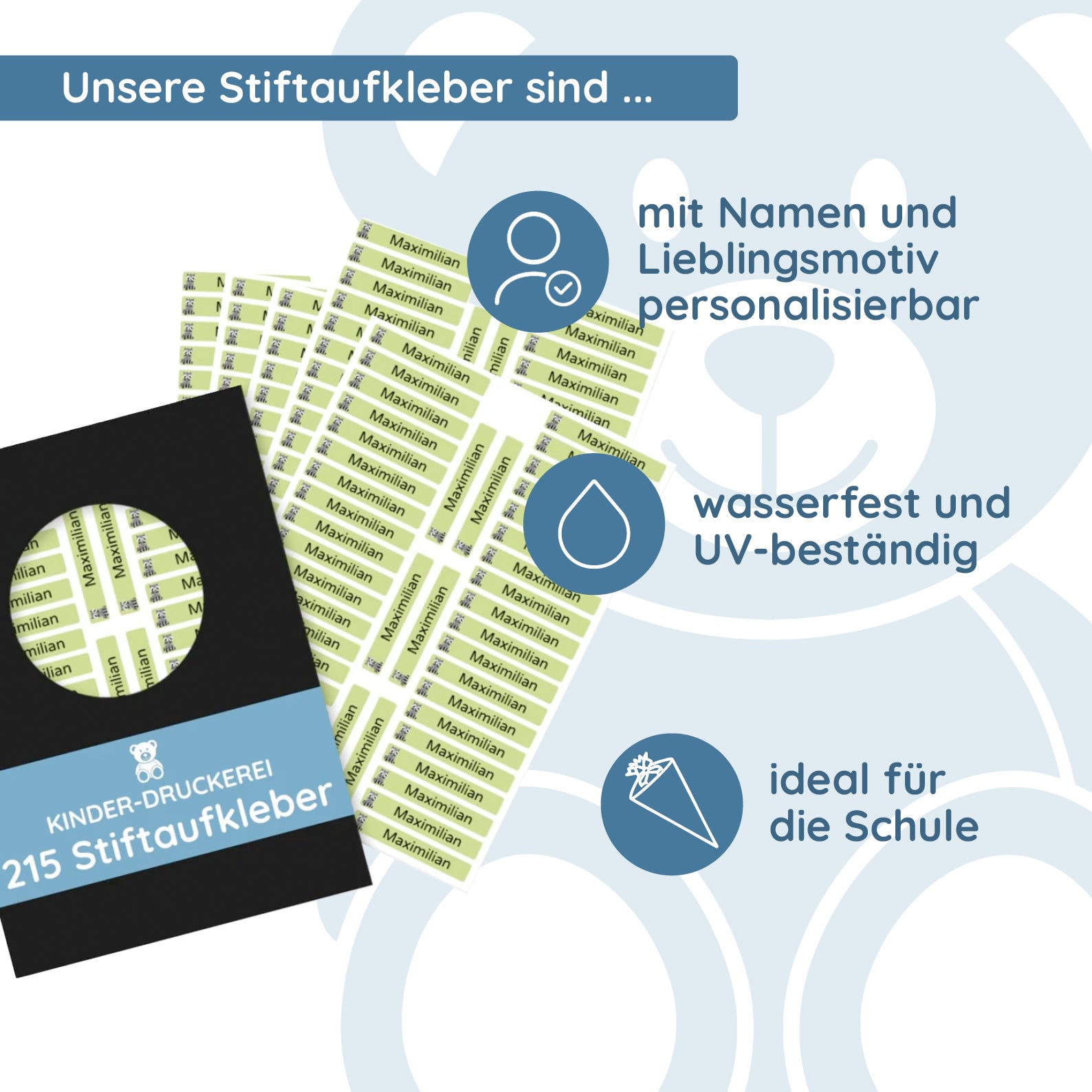 Personalisierte Mini-Aufkleber mit Namen auf Schulstiften