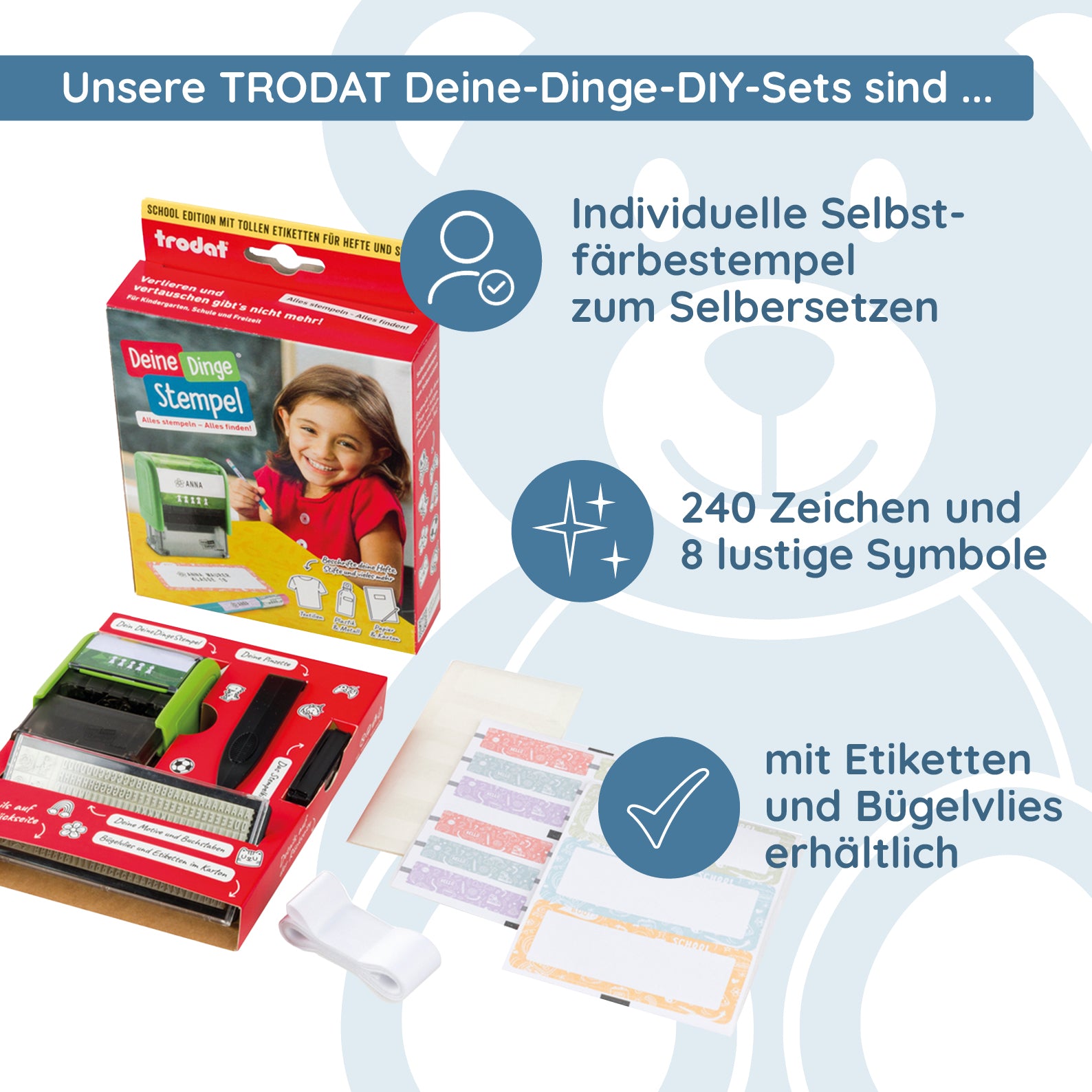 Trodat Deine Dinge School Edition DIY (zum Selbersetzen/ Typo, 37x14 mm) - kinder-druckerei.de