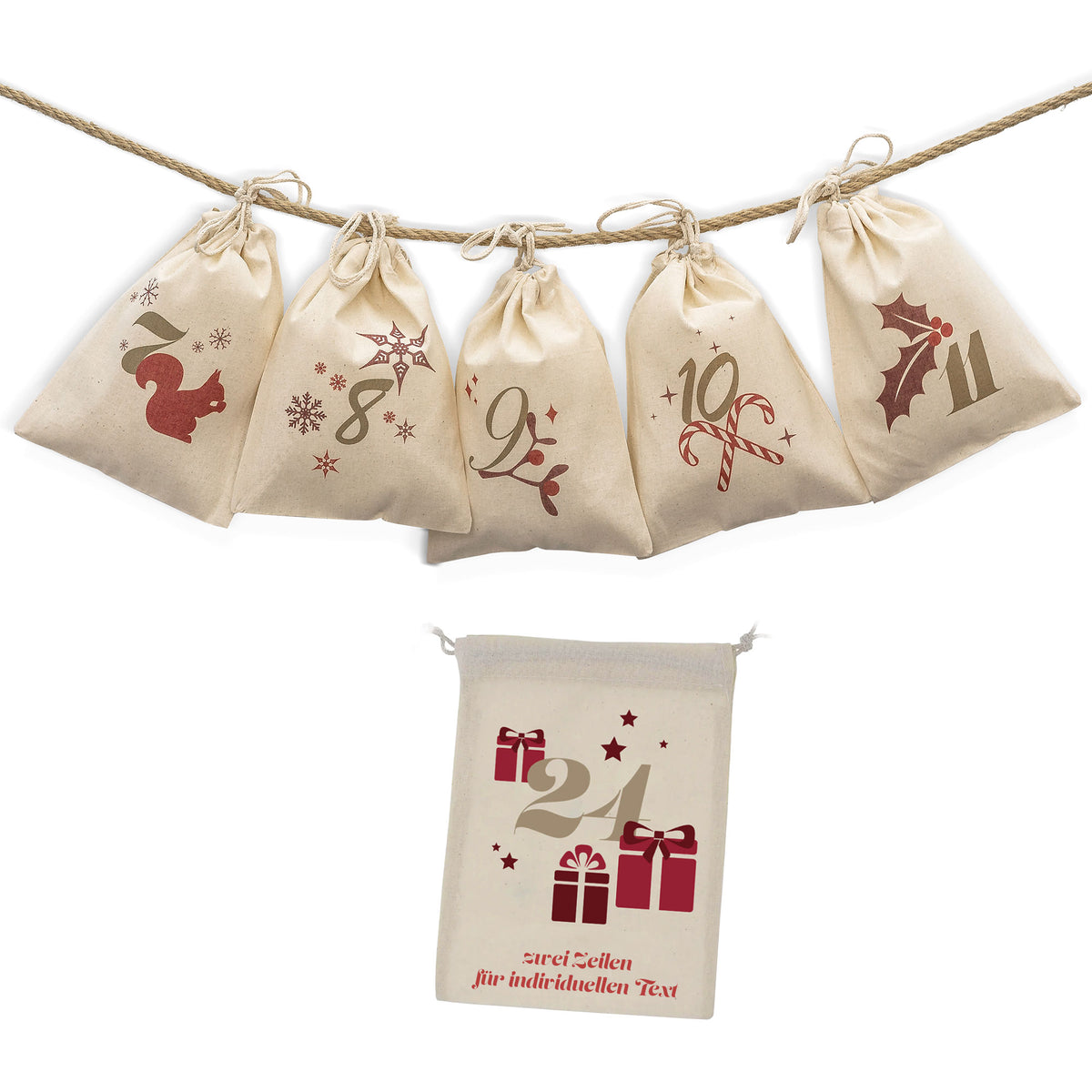 Adventskalender mit 24 Säckchen zum Befüllen & Personalisieren (mit Kordel)