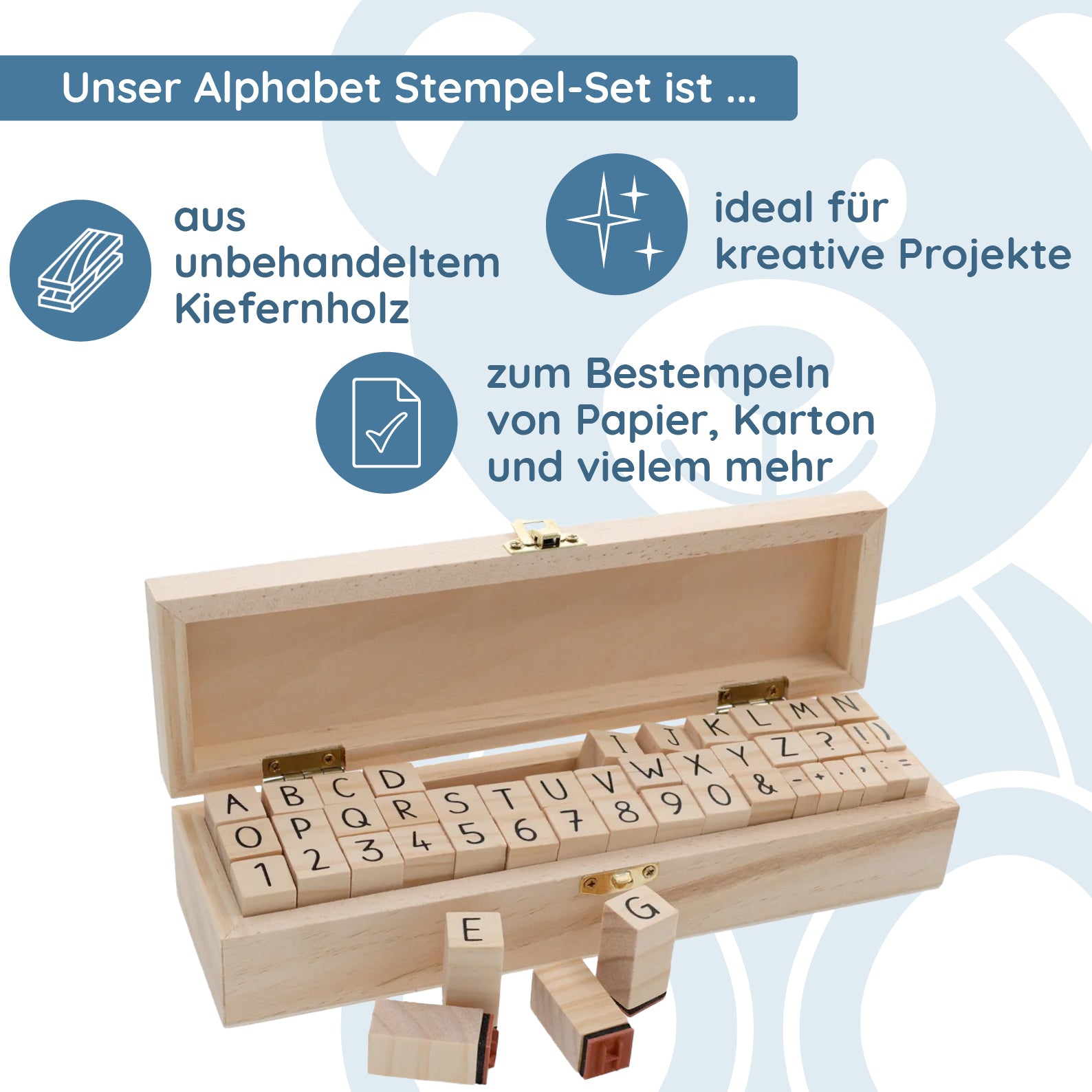 Alphabet Stempel-Set (46 Stempel in Holzbox) - kinder-druckerei.de