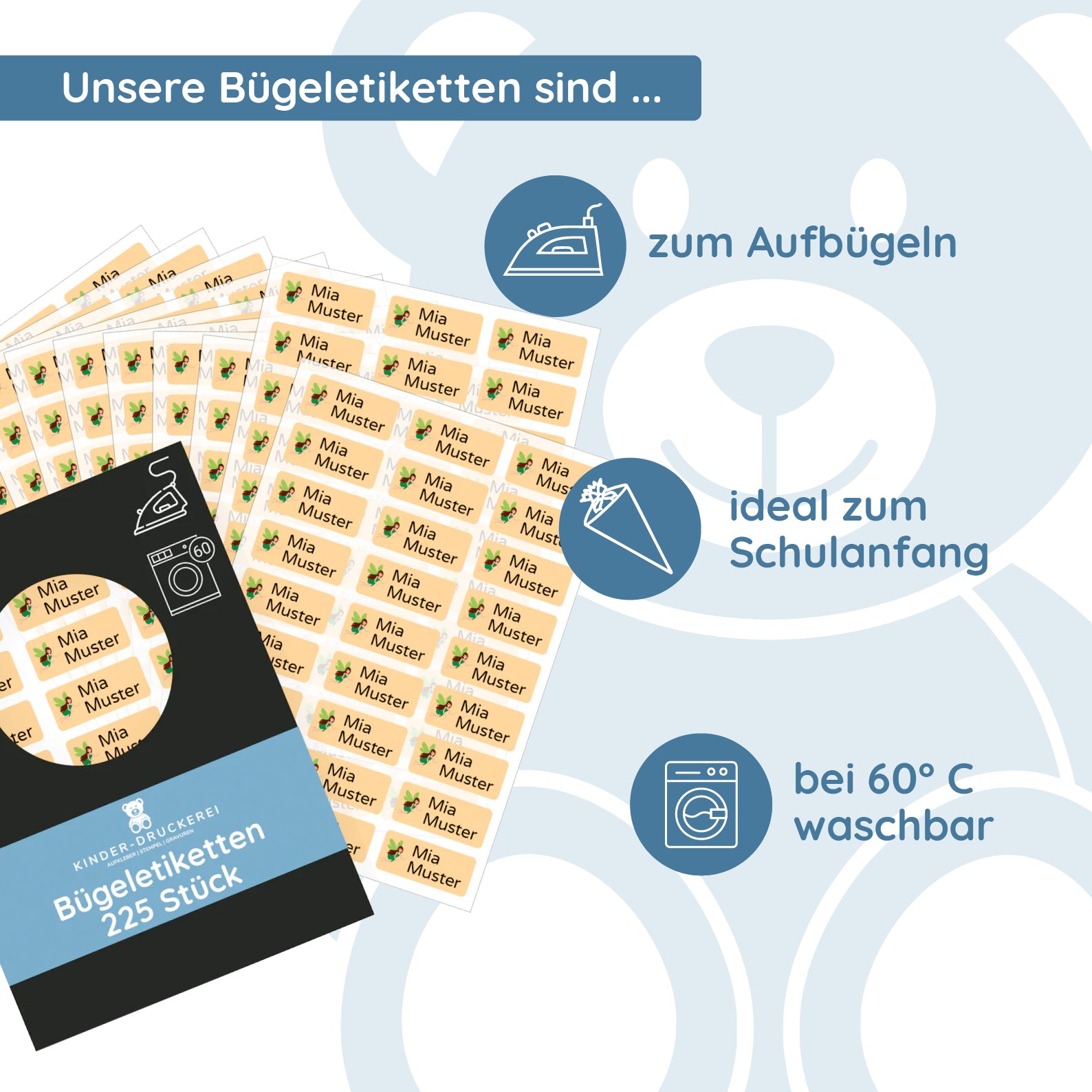 Bügeletiketten mit Namen (30x13 mm 225 Stück zum Aufbügeln) - kinder-druckerei.de