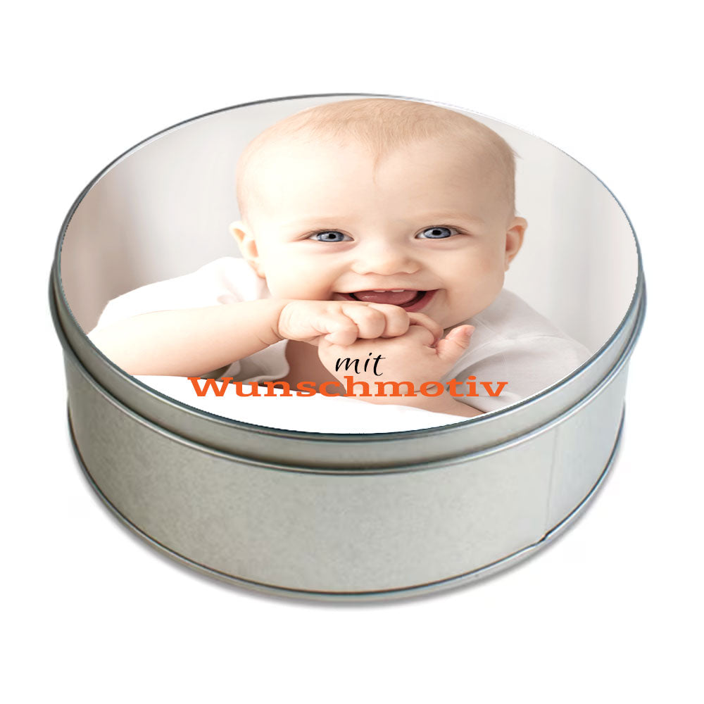 Runde Keksdose / Metalldose mit Wunschmotiv – Personalisierte Geschenkdose