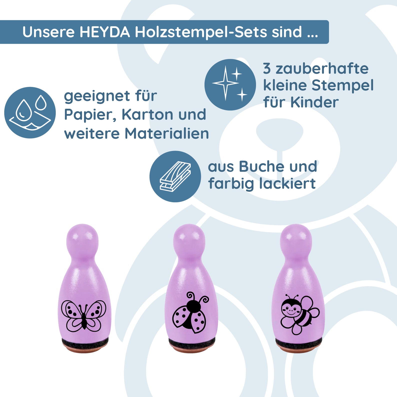 HEYDA Holzstempel-Figuren Set "Kindermotive" – Lila (3 Stück - Ø 12 mm) - kinder-druckerei.de
