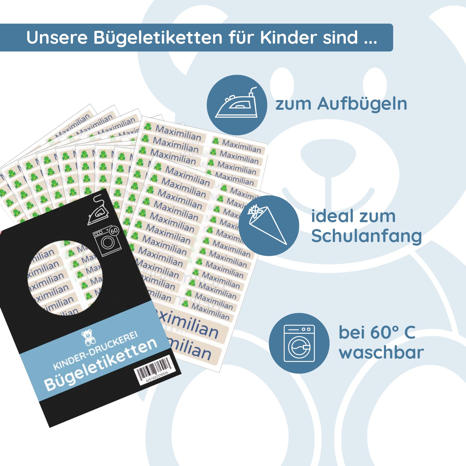 Bügeletiketten für Kinder mit verschiedenen Motiven (Set mit 200 Etiketten) - kinder-druckerei.de