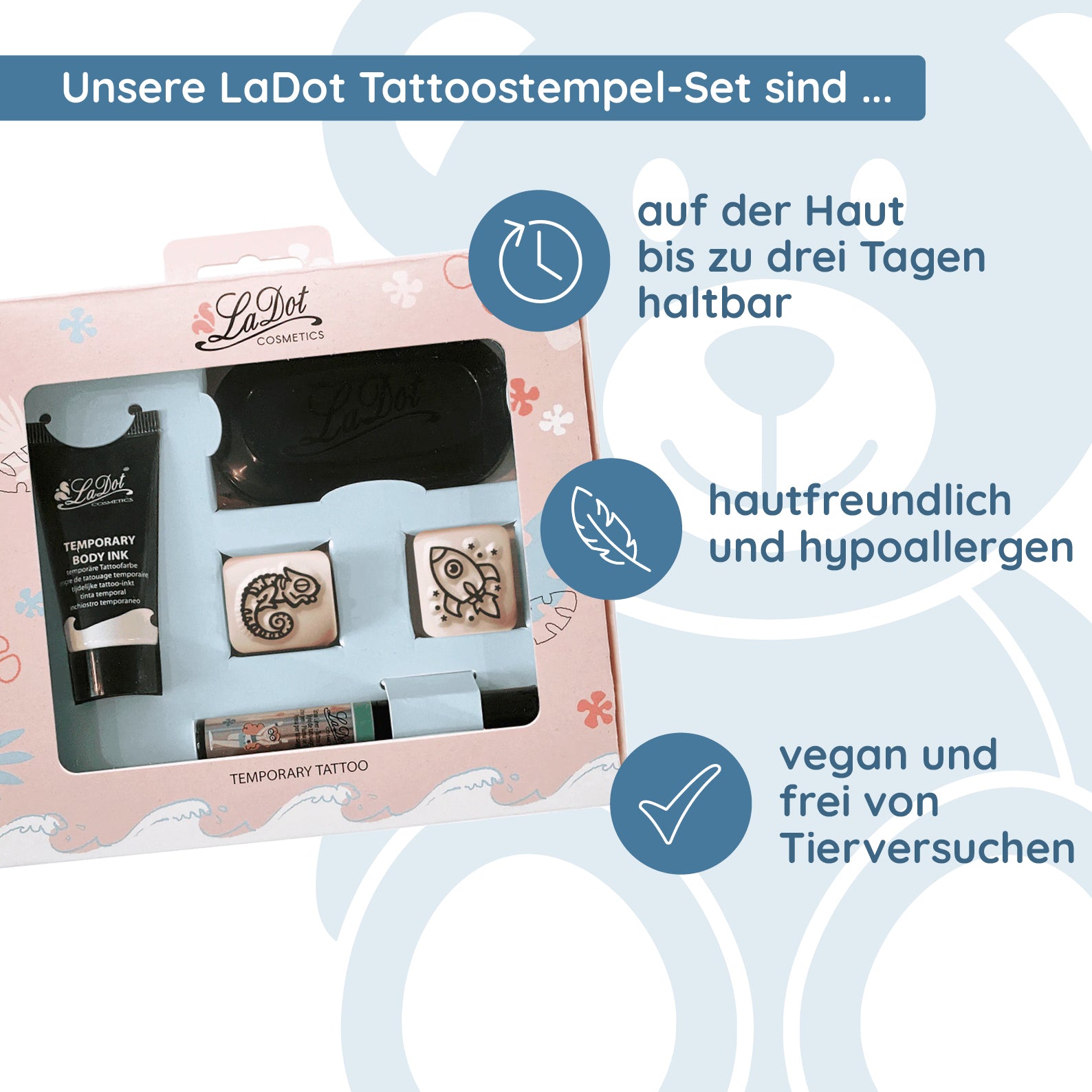 LaDot Tattoostempel-Set Chamäleon & Rakete mit grünem Liner (Set 10) - kinder-druckerei.de