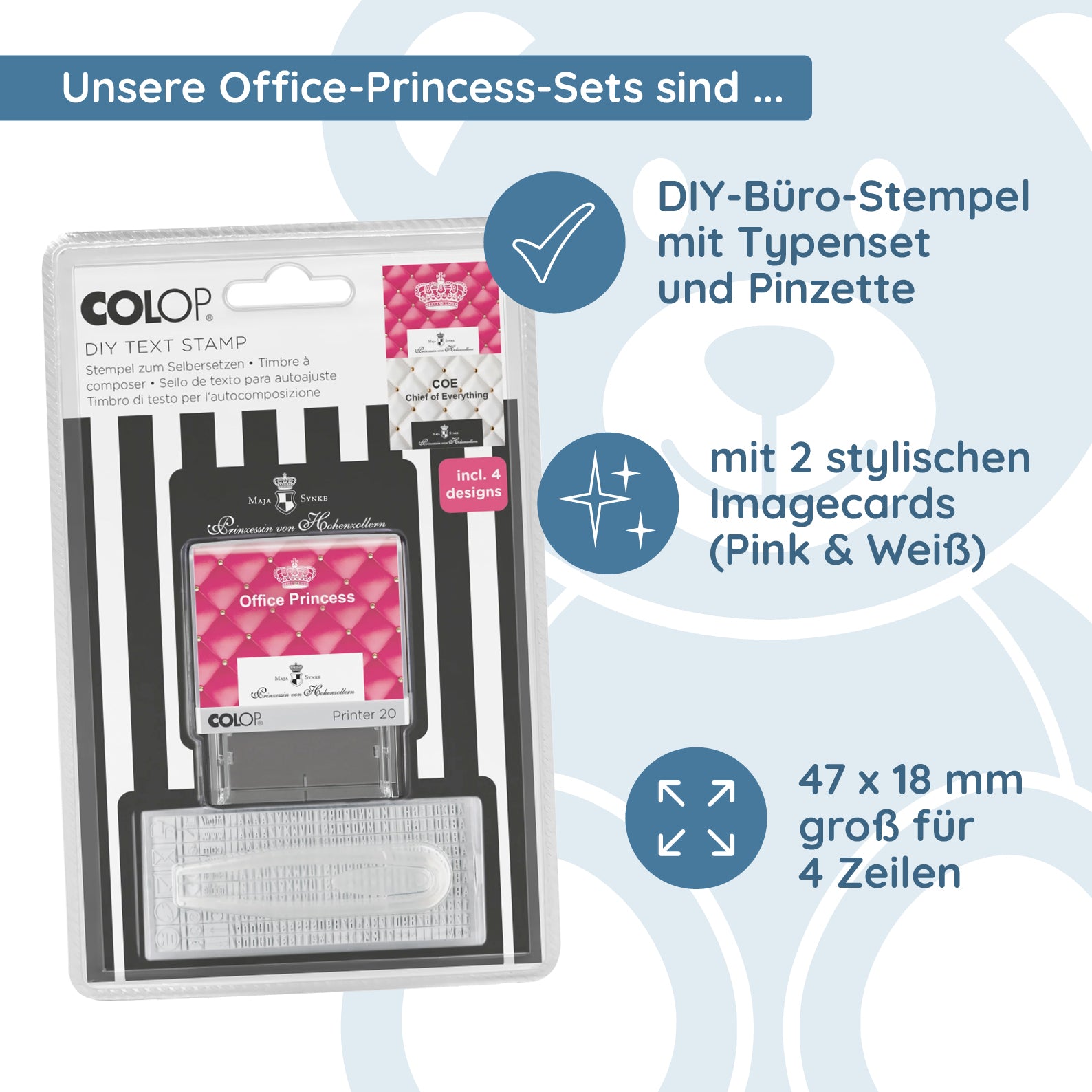 Colop Printer DIY Büro-Stempel Set Office Princess (47x18 mm - 4 Zeilen) - kinder-druckerei.de