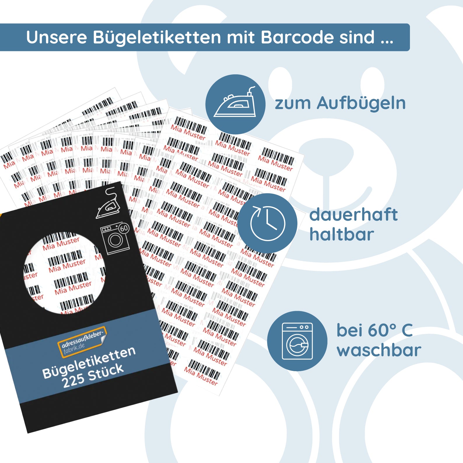 225 Stück Bügeletiketten mit Barcode 30x13 mm - kinder-druckerei.de