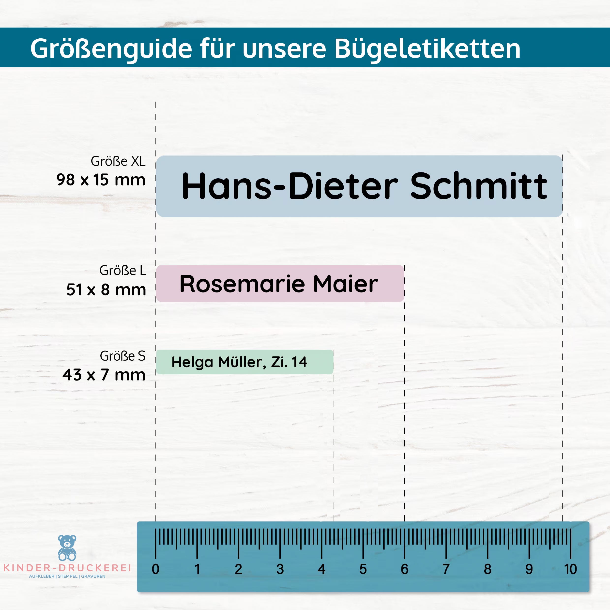 Größenübersicht Bügeletiketten 43×7, 51×8 und 98×15 mm