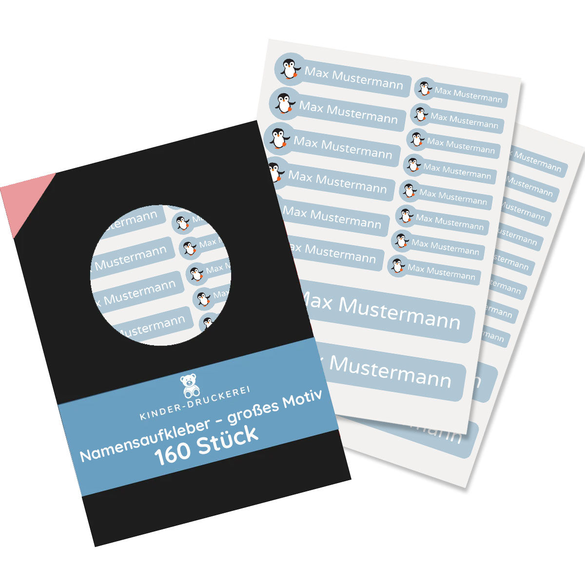 Namensaufkleber für Kinder mit großem Motiv, 160 Stück, Set - kinder-druckerei.de