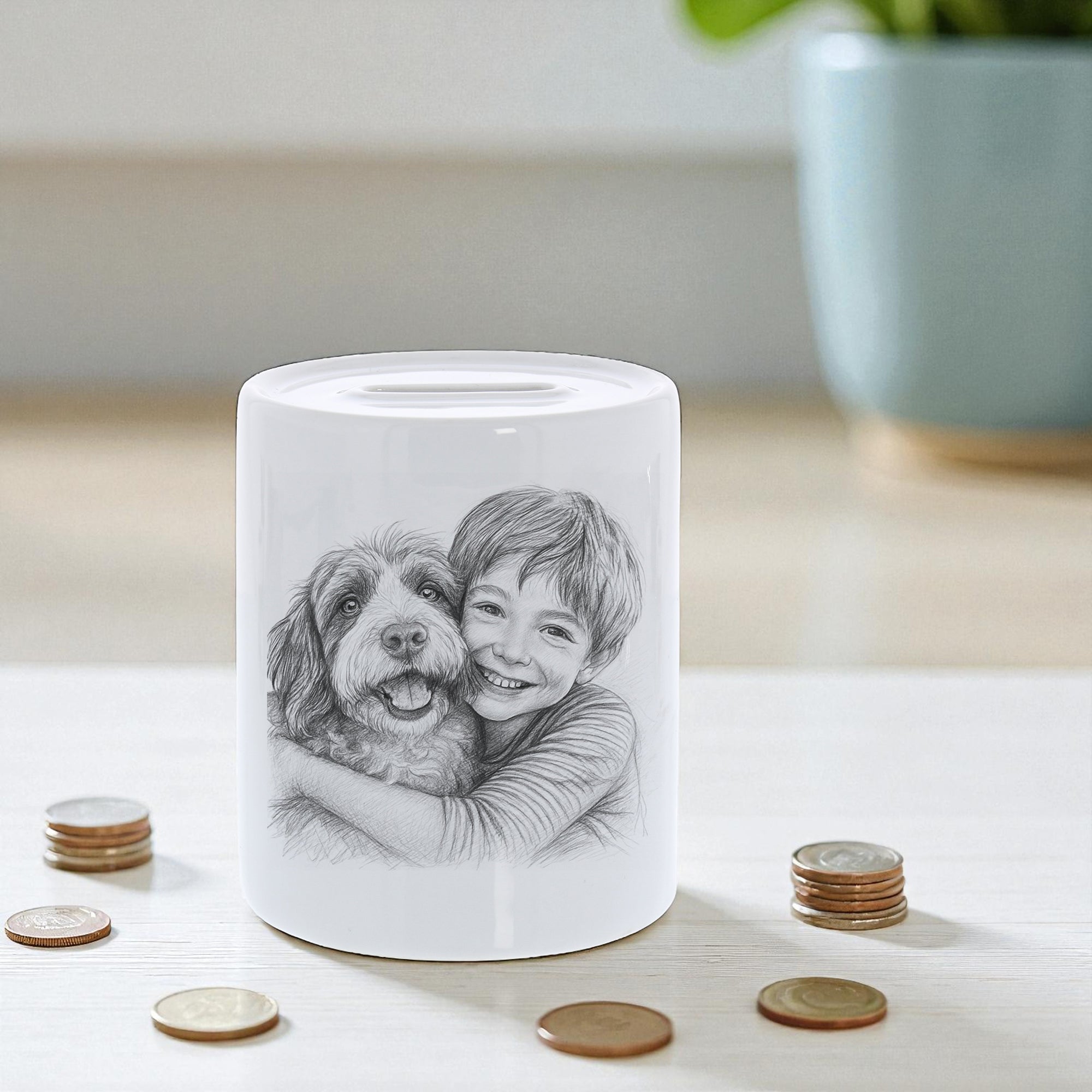 Spardose mit Bleistiftzeichnung und Text - kinder-druckerei.de