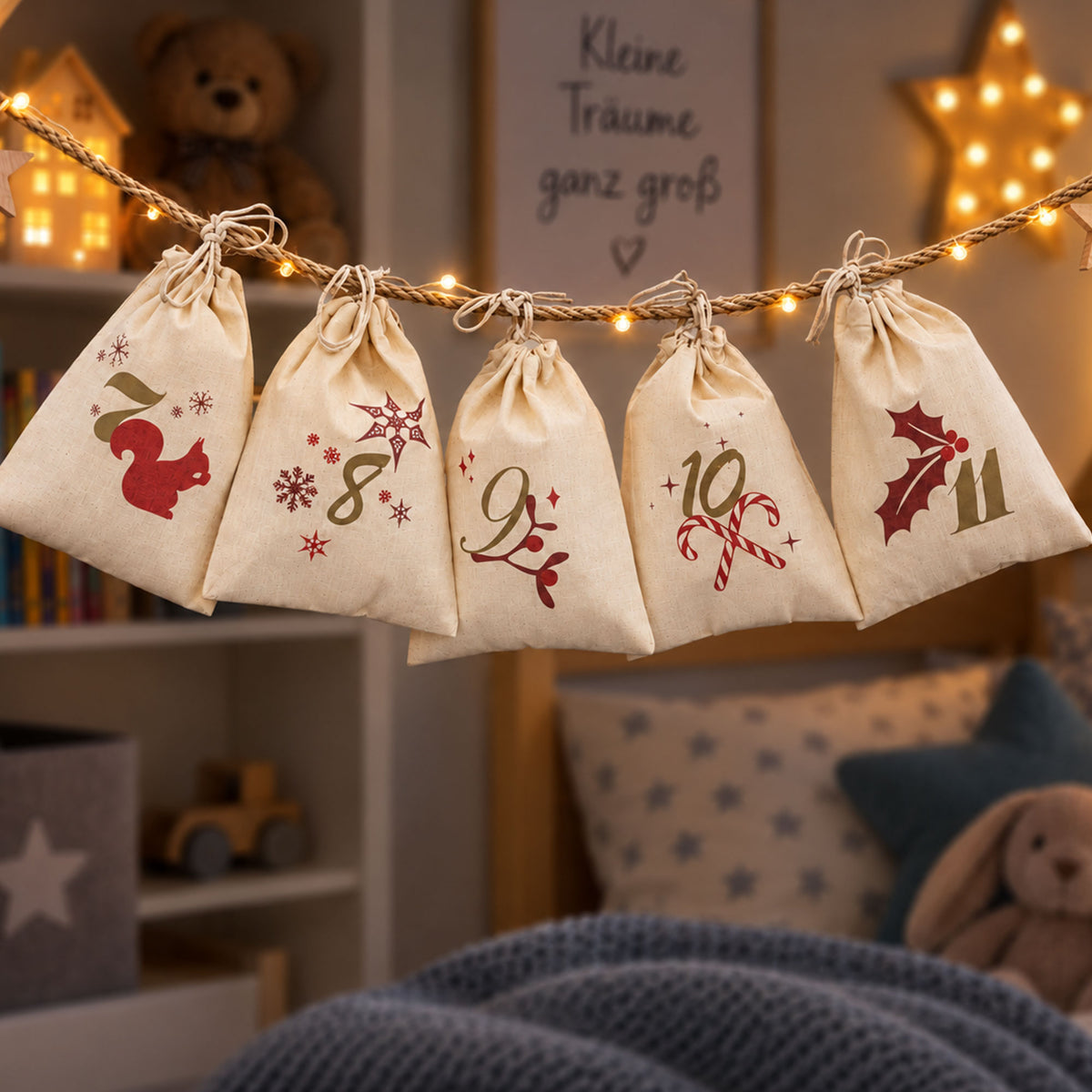 Adventskalender mit 24 Säckchen zum Befüllen & Personalisieren (mit Kordel) - kinder-druckerei.de