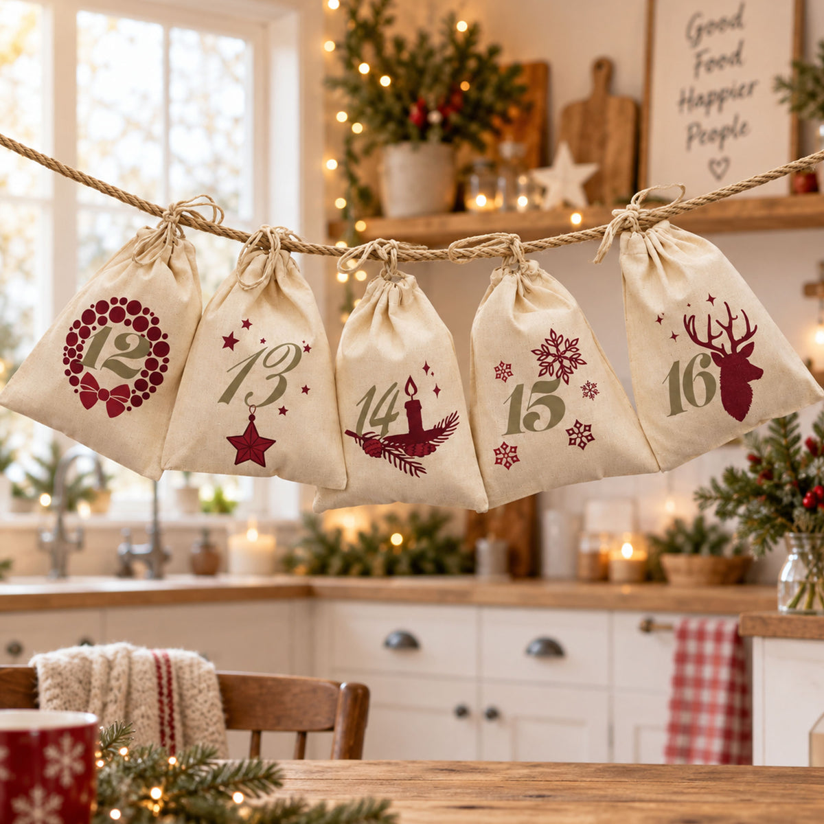 Adventskalender mit 24 Säckchen zum Befüllen & Personalisieren (mit Kordel) - kinder-druckerei.de