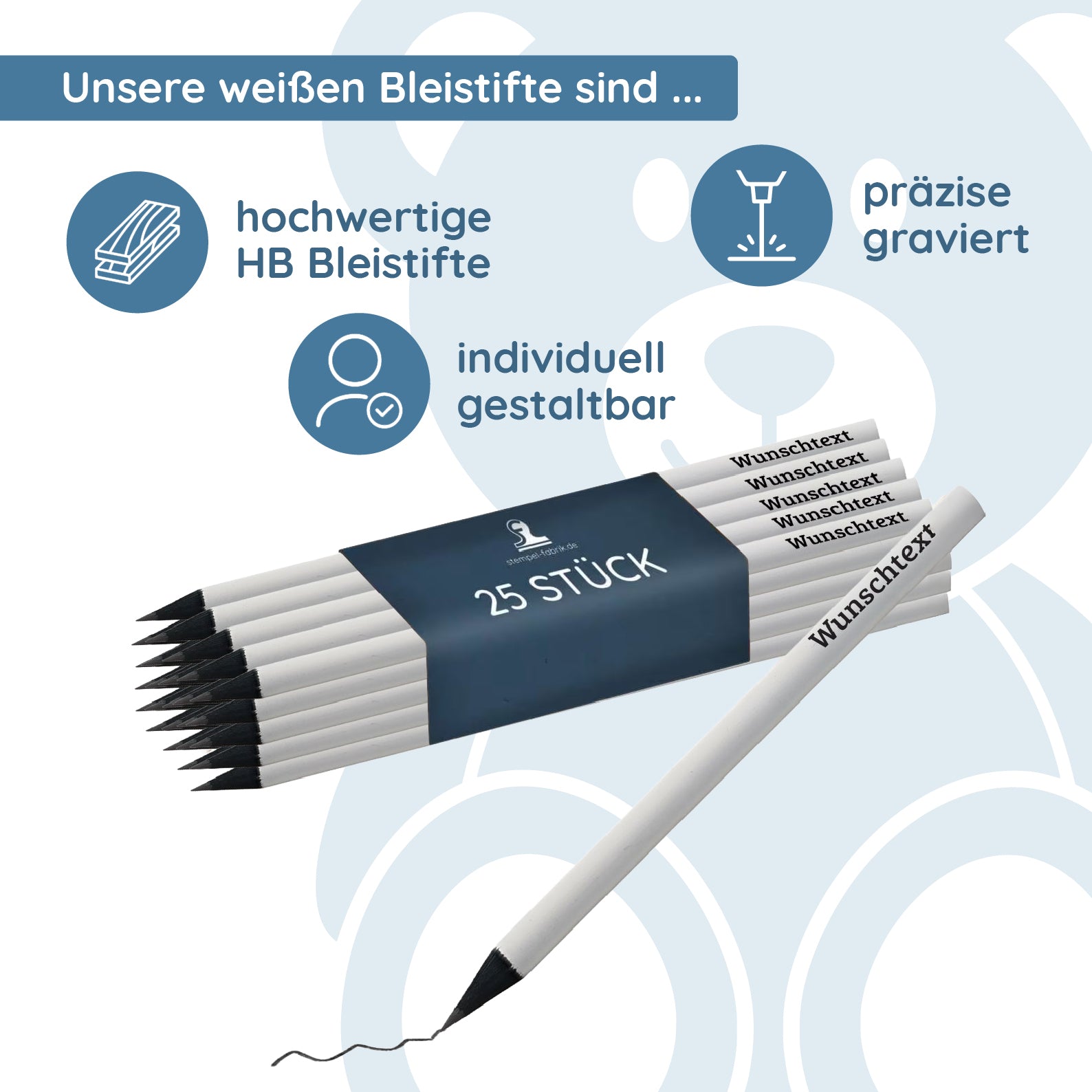 Lasergravierte weiße Bleistifte mit schwarzer Gravur (25 Stück) - kinder-druckerei.de