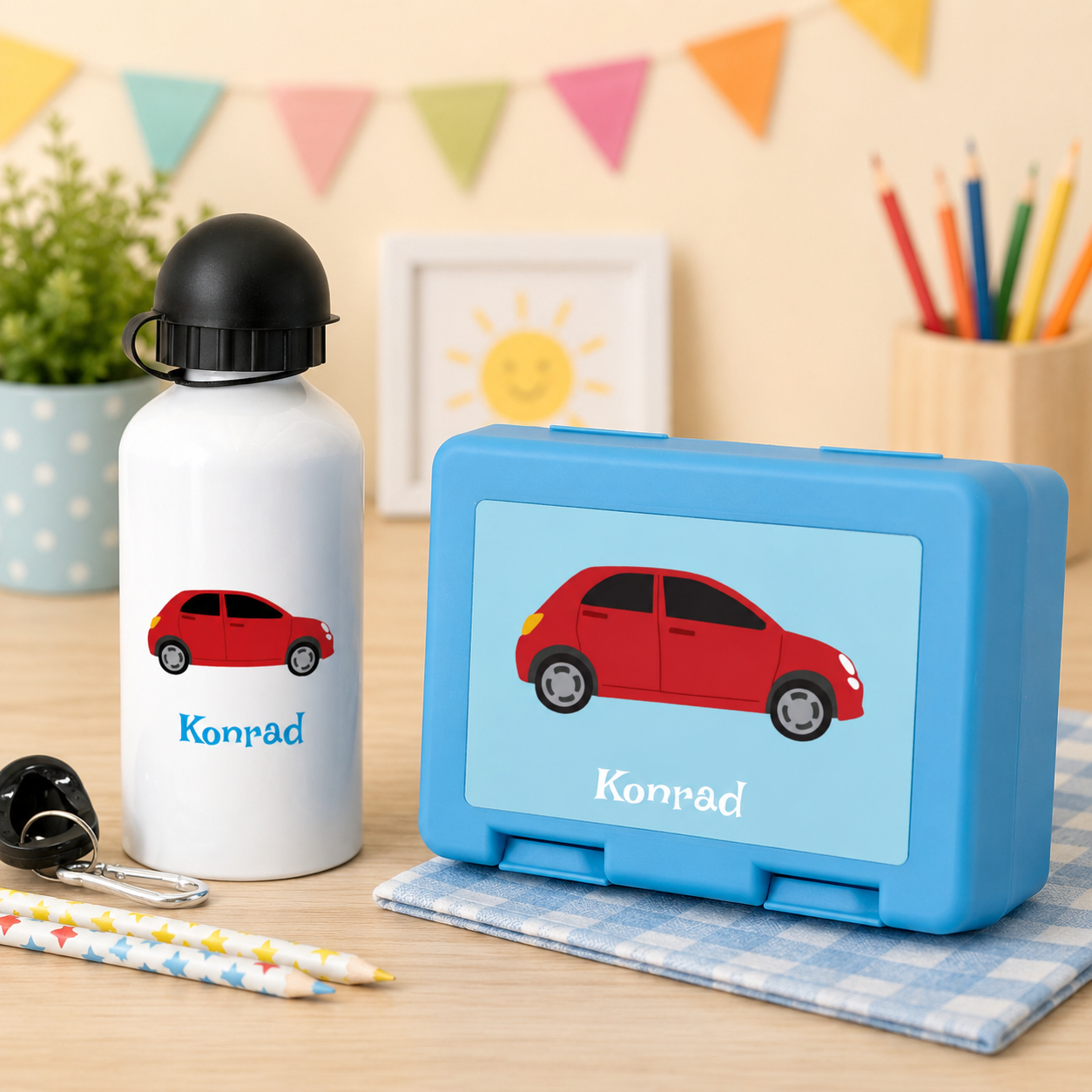 Brotdose & Aluminium Trinkflasche mit Kindermotiv und individuellem Druck
