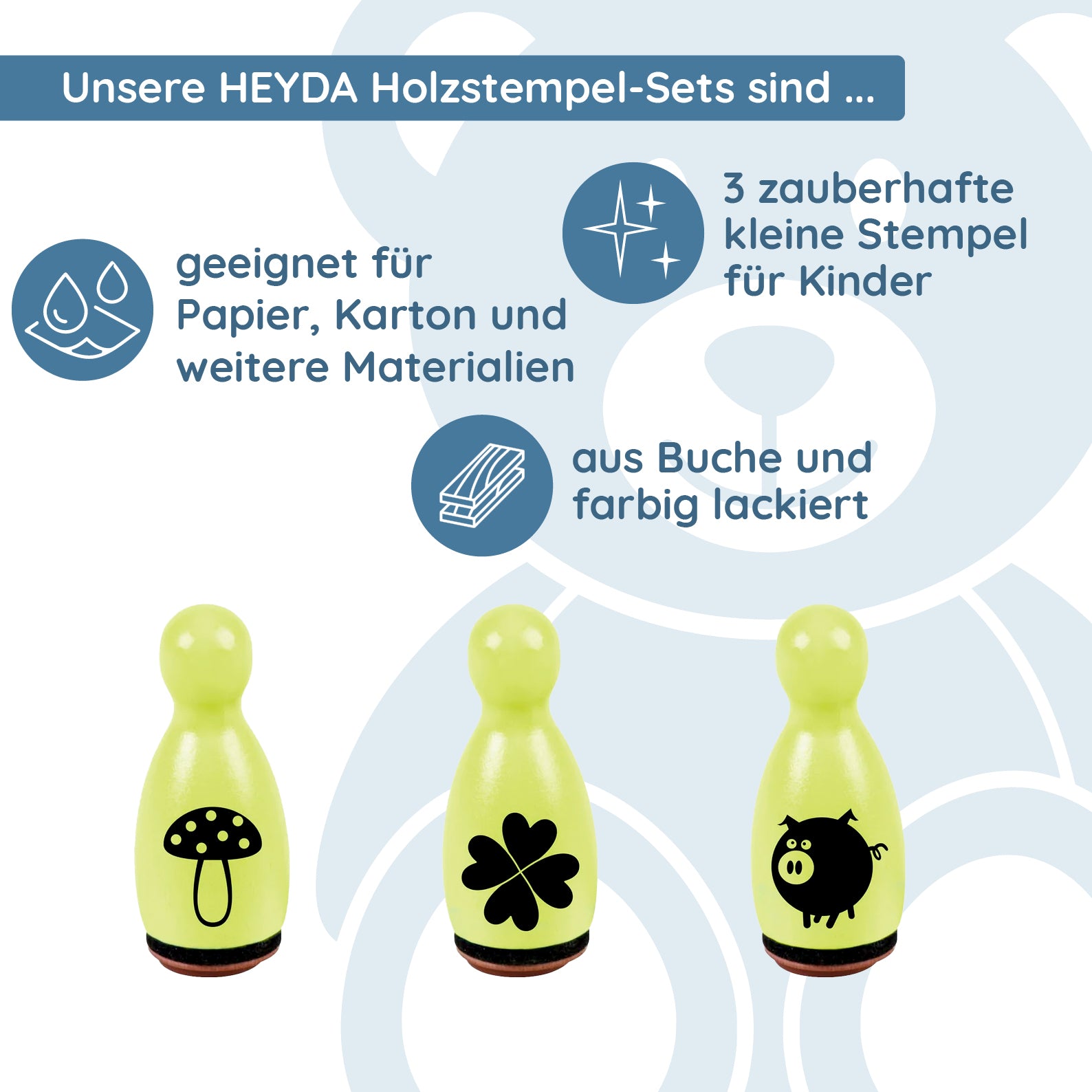 HEYDA Holzstempel-Figuren Set "Glück" – Hellgrün (3 Stück - Ø 12 mm) - kinder-druckerei.de