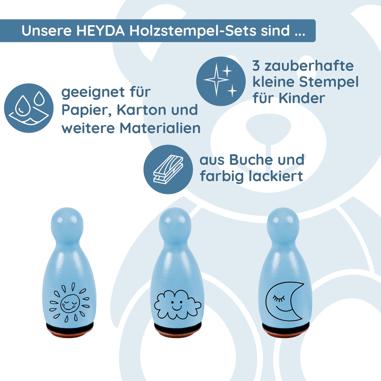 HEYDA Holzstempel-Figuren Set "Sonne, Wolke & Mond" – Hellblau (3 Stück - Ø 12 mm) - kinder-druckerei.de