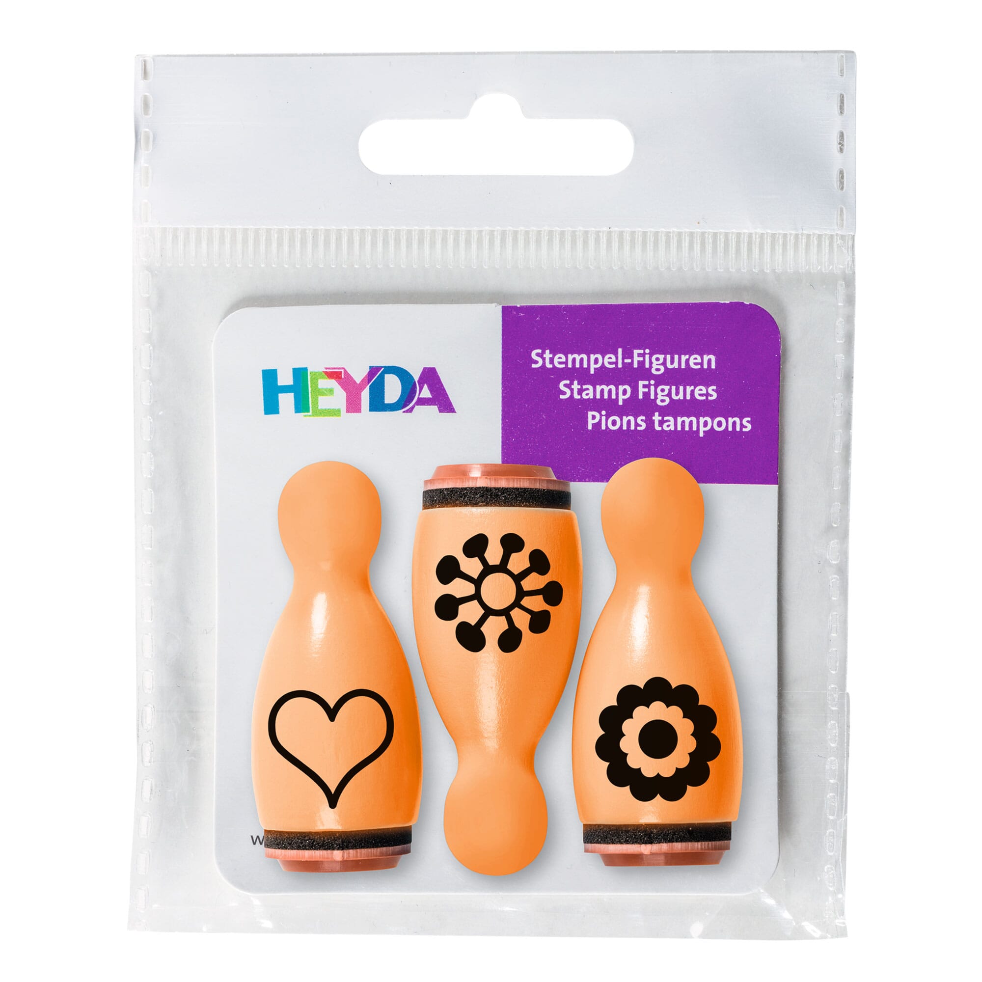 HEYDA Holzstempel-Figuren Set "Blumen & Herz" – Orange (3 Stück - Ø 12 mm)