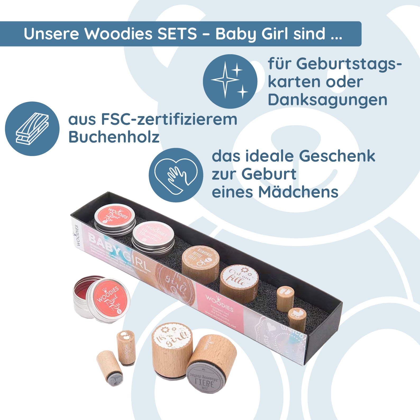Woodies Stempel SET - Baby Girl WS0008 - kinder-druckerei.de